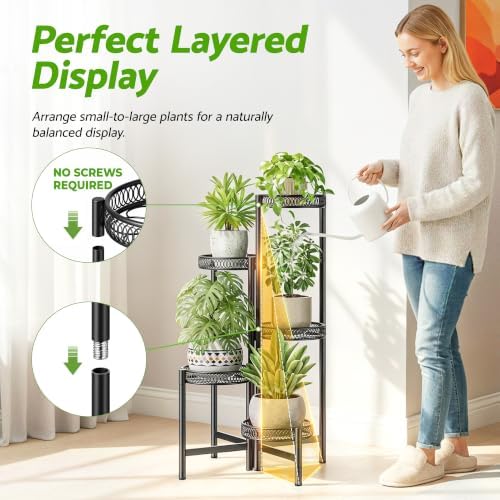Plant Stand Indoor Outdoor, 5 Tier Corner Metal Flower Display Holder Stand, Folding Tall Plant Rack for Patio Balcony Porch Garden Living Room House, Heavy Duty Wrought Iron Plant Shelf - BlackFlower - Image 6