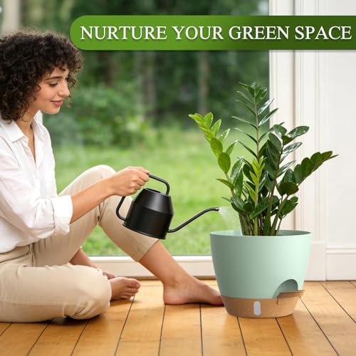 Self Watering Pots with Drainage Holes, 3 Pack 12/10/8 Inch Plant Pots with Water Level Indicator Deep Reservoir, Large Plastic Planter for Indoor Outdoor Plants - Green Brown - Image 7