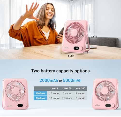WHATOOK Small Desk Fan Personal Fans: 5000mah 25 Hours Battery Office Quiet Mini Desktop Fan Portable Rechargeable Travel Essentials (Pink, 5000 mAh) - Image 6