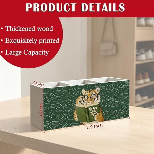 Funny Motivational Tiger Reading Pen Pencil Holder Organizer for Desk Accessories, Book Lover Reader Gifts, Eclectic Green Japandi Animal Bookish Wood Signs for Reading Nook Room Library Decor - Image 6