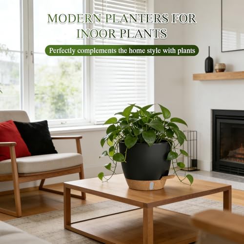 Self Watering Pots with Drainage Holes, 2 Pack 10 Inch Plant Pots with Water Level Indicator Deep Reservoir, Large Plastic Planter for Indoor Outdoor Plants - Black Brown - Image 7