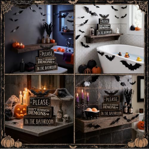 Moucuny 4 Pcs Halloween Bathroom Decoration Gothic Bat Wooden Stacked Block - Image 6