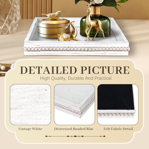 Wooden Decorative Tray, Small Serving Tray with Wood Bead, Farmhouse Big Tray for Ottoman, Countertop, Coffee Tabl, 13" x 13"x 1.6" (Retro White) - Image 6