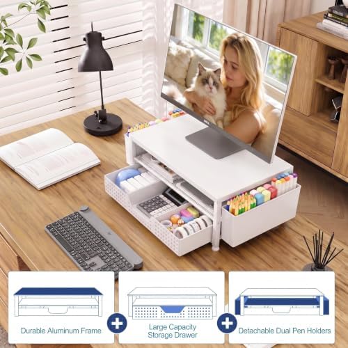 OPNICE Desk Organizers and Accessories, Computer Monitor Stand Riser with Drawer and 2 Pen Holders, Printer & Laptop Stand, Office Desk Accessories & Workspace Organizers for Home Office Supplies, White - Image 6