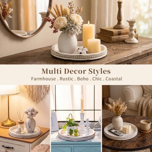 Hanobe Decorative Tray for Coffee Table: 11.8" Round Whitewashed Wood Tray for Rustic Farmhouse Living Room Kitchen Island Entryway Home Decor - Image 6
