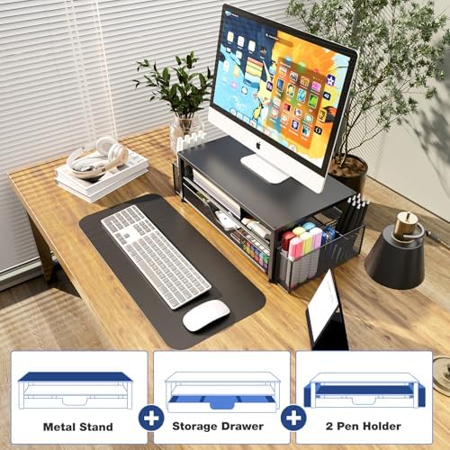 OPNICE Desk Organizer and Accessories, 2-Tier Computer Monitor Stand Riser with Drawer and 2 Pen Holders, Laptop Stand, Office Desk Accessories for Office Supplies, Black 2-Pack - Image 6