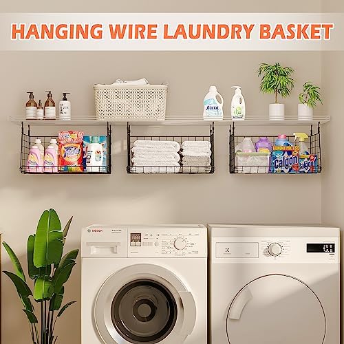 3-Pack Hanging Laundry Room Organizaton:Foldable Laundry Basket Wire Basket with 360°Rotating Hooks Small Space Organization Over Washer and Dryer Shelves - Hanging Closet Organizer, Black Patent - Image 7