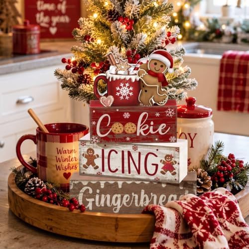 Moucuny 4 Pcs Christmas Table Decor Wooden Gingerbread Cocoa Block Signs - Image 6