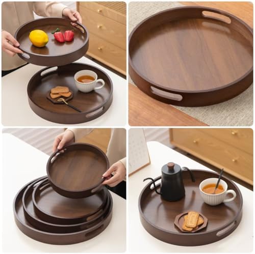 11.8 Inch Rustic Wood Serving Tray with Handles-Small Round, Decorative Tray for Kitchen Living Room Coffee Table Candle Display Breakfast in Bed, Multi-Functional Food & Beverage Tray Farmhouse Style - Image 7