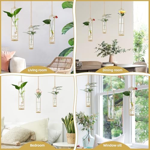 MIPON Metal Hanging Plant Propagation Station,3 Size Glass Test Tube Hydroponic Planter,Boho Wall Hanging Plant Cuttings Holder,Indoor Water Plant Terrarium Tubes for Home Office Window Decor-Gold - Image 6