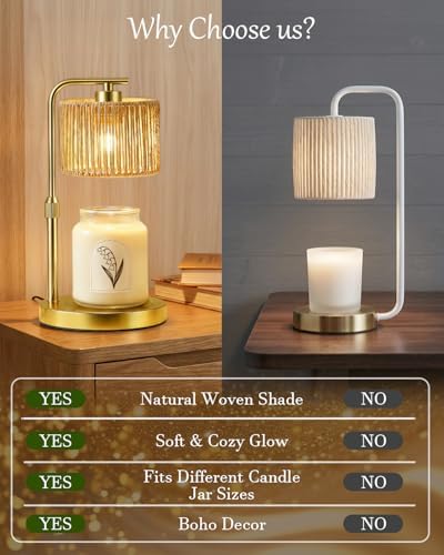 Candle Warmer Lamp, Timer Dimmable Candle Lamp, Adjustable Height and Brightness Gold Candle Warmer, Boho Rattan Lampshade and 2 Bulbs, Suitable for Home Decor, Birthday Gifts for Women Mom - Image 7