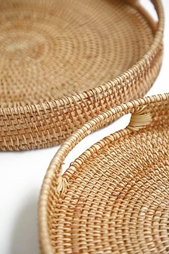 HITOMEN 11.8" Hand-Woven Round Rattan Serving Tray Decorative Wicker Trays with Handles for Coffee Table (Natural-M) - Image 5