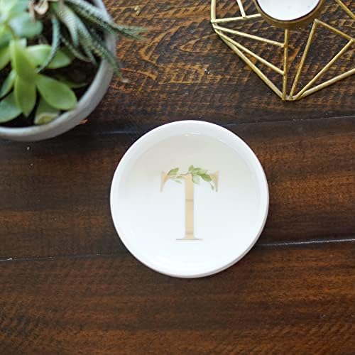 Cedar and Ink Ring Dish with Personalized T in Gold Foil & Greenery, Monogrammed Jewelry Dish, Accessories & Wedding Ring Holder, Dressing Table Tray - Image 2