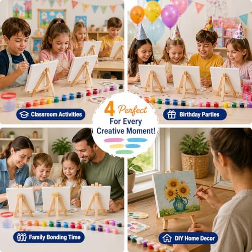 10 Set Mini Acrylic Paint Kit, Mini Canvas with Wooden Easels Acrylic Paints Strips, Minis Easel with Canvases for Kids Adults Classroom Birthday Painting Party (6 x 6Inch) - Image 7