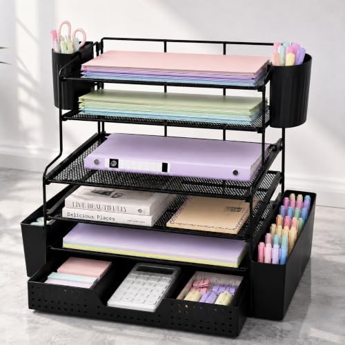 OPNICE Desk Organizer, 6-Tier Desktop File Organizer with Drawer and Pen Holders, Office Desk Accessories, File Sorters, Workspace Organizers for Office Supplies(Black) - Image 4