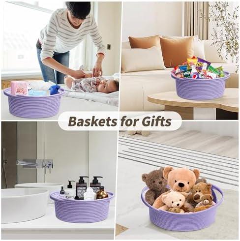 Pro Goleem Small Woven Basket with Gift Bags and Ribbons Durable Baskets for Gifts Empty Small Rope Basket for Storage 12"X 8" X 5" Baby Toy Basket with Handles, purple - Image 5