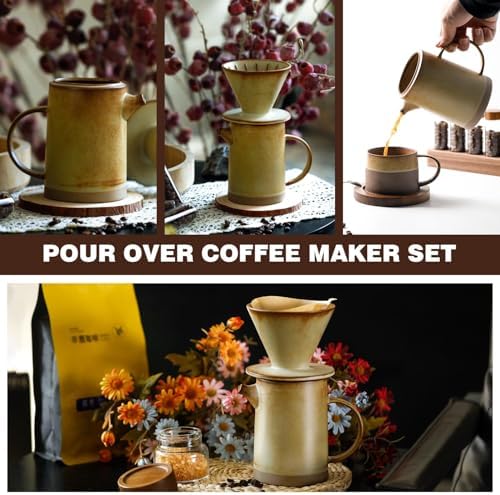 DIF DECO Pour Over Coffee Maker Set Vintage Ceramic Pour Over Coffee Dripper Set with 20 Count Paper Coffee Filters,for Home Café Restaurant Camping,15.8 Ounces(Yellow) - Image 5