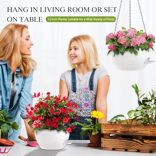12 Inch Hanging Baskets 2 PC with Chains, Self-Watering Hanging Planters for Indoor Outdoor Plants, Plastic Hanging Flower Pots,Speckled White - Image 6