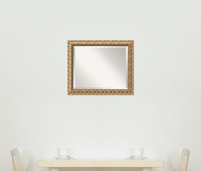 Amanti Art Gold Wall Mirror 23x19 Florentine Gold Rectangle Bathroom Mirror for Wall Decor Living Room, Small Traditional Wood Frame, Hangs Horizonally and Vertically, Bathroom Decor, Beveled Edge