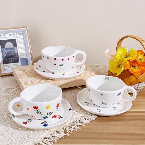 Koythin 8.5oz Handmade Ceramic Mug With Saucer, Black Small Bow Latte Cup - Image 7