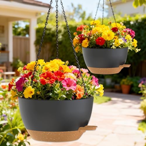 10 Inch Hanging Baskets 2 PC with Chains, Self-Watering Hanging Planters for Indoor Outdoor Plants, Plastic Hanging Flower Pots,Black Brown - Image 7