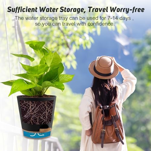 YNNICO 8-Inch Plant Pots, Self-Watering Planters with Drainage Holes & Saucers for Indoor and Outdoor Plants (2-Pack,Black) - Image 6