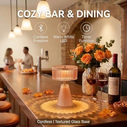 Cordless Glass Table Lamp - Small Battery Operated Lamp with 6H Timer, Vintage Fluted LED Battery Powered Lamps, Amber Glam Accent Nightstand Light for Bedroom, Bathroom, Patio (Amber+Small - Image 7