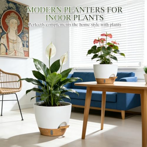 Plant Pots, 4 Pack 12/10/9/8 Inch Self Watering Pots with Drainage Holes, Water Level Indicator Deep Reservoir, Large Planters for Indoor Outdoor Plants - White Brown - Image 7