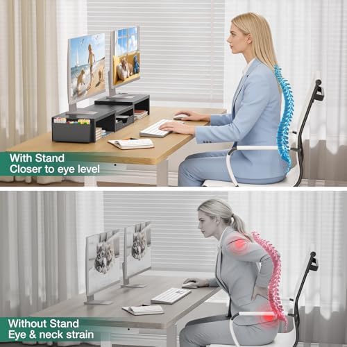 OPNICE Desk Organizer and Accessories, Computer Monitor Stand Riser with Drawer and 2 Pen Holders, Laptop Stand, Office Desk Accessories for Office Supplies, Black - Image 7