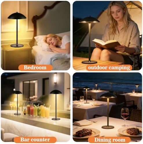Cordless Metal Table Lamp, 3-Color Modes Vintage Mushroom Desk Lamp, Stepless Dimmable Nightlight with Touch Sensor, Matte Black Decorative Lighting for Bar Counter, Dining Room, Bedroom - Image 6