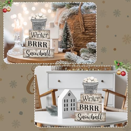 Moucuny 4 Pcs Winter Wooden Block Signs Farmhouse Table Decoration - Image 6
