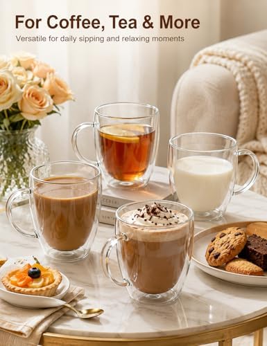 12oz Double Walled Glass Coffee Mugs with Handles, Set of 4 - Image 6