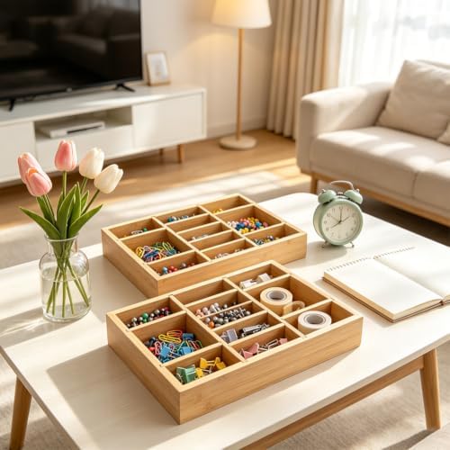NBEADS 2Pcs Bamboo Desk Drawer Organizer, Bamboo Wood Organizer Tray with 8 Adjustable Dividers Office Desk Organizer Tray Divider Drawer for Office Supplies Makeup Jewelry Vanity, 9.02x12.09x2.01inch - Image 5