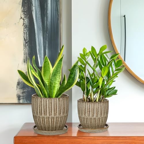 Oairse Ceramic Pots for Indoor Plants, 4.7 +5.7 inch Pots for Plants Set of 2 Brown Plant Pots with Drainage Holes and Saucers Texture Ceramic Planters Indoor Outdoor Flower Pot for Succulent - Image 7