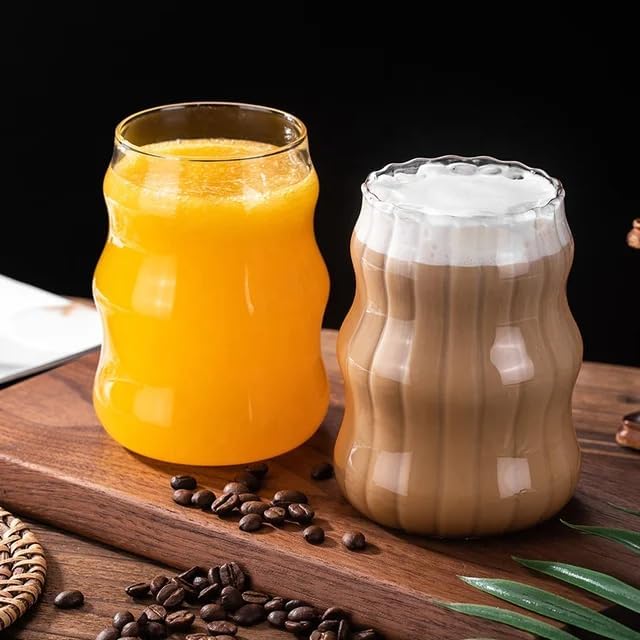 2 Pcs Ribbed Glass Cups, 18 Oz Vintage Drinking Glassware with Wave Shape Design, Bubble Cups for Iced Coffee, Juice, Beverage, Milk, Cocktails, Bubble Tea, - Image 7