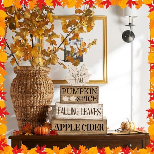 Moucuny 4 Pcs Neutral Fall Table Decor for Home Maple Leaf Wooden Blocks - Image 6