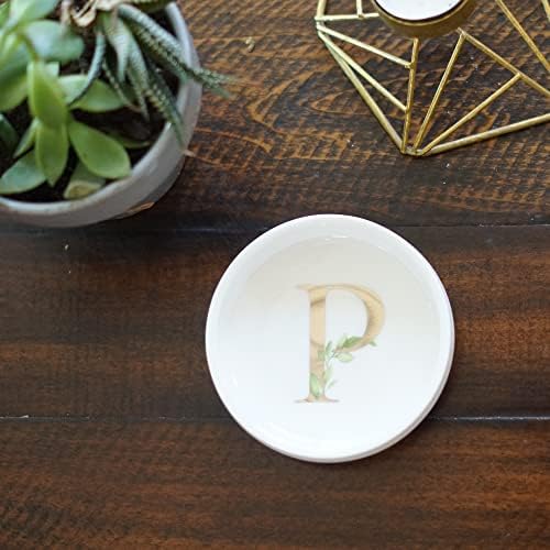 Cedar and Ink Ring Dish with Personalized P in Gold Foil & Greenery, Monogrammed Jewelry Dish, Accessories & Wedding Ring Holder, Dressing Table Tray - Image 2