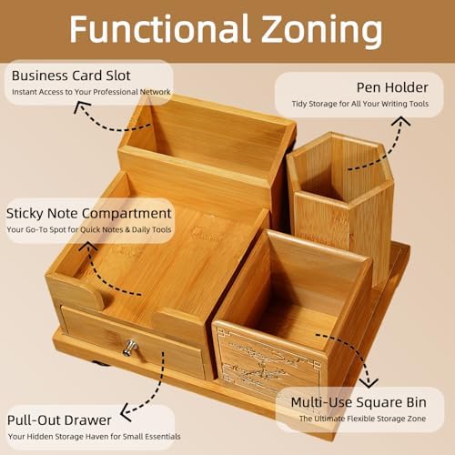 Bamboo Desk Organizer with Drawer & Pen Holder, Office Desk Caddy Storage - Image 7