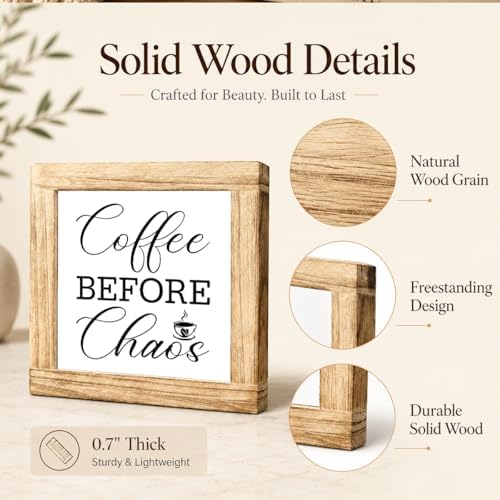 Coffee Before Chaos Wooden Sign, Funny Morning Coffee Plaque, Rustic Kitchen Counter Accent, Farmhouse Shelf Display For Office Desk Pantry Breakfast Bar Coffees Nook, 5.9 x 5.9 in - Image 6