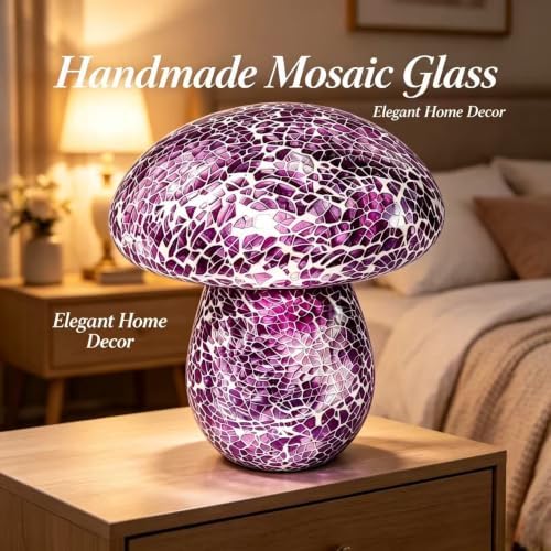 Mosaic Mushroom Table Lamp, Handmade LED Night Light, Battery‑Operated Cordless Desk Decor, Purple - Image 5