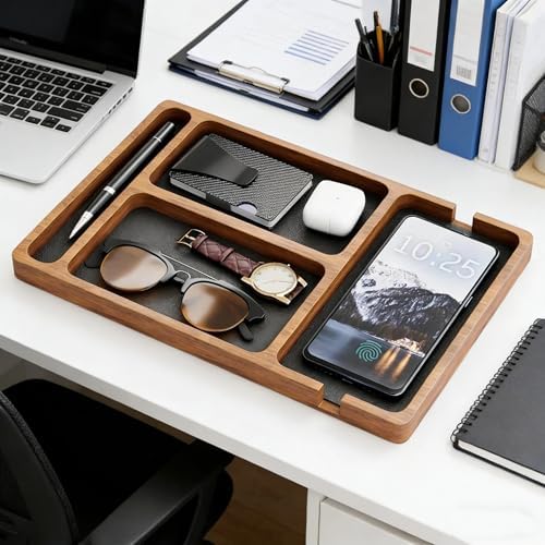 Wooden Valet Tray with Leather Inlay, Office Desk Organizer Tray, Nightstand Storage Tray, Multi-Purpose EDC Jewelry Storage Tray for Keys, Wallet, Watch, Phone & Earbuds (Light Wood) - Image 6