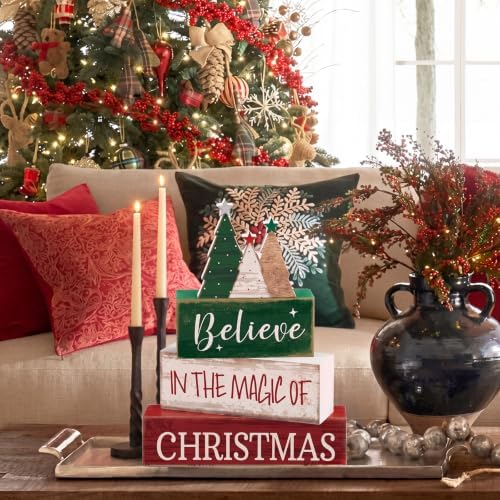 Moucuny 4 Pcs Christmas Table Decorations Rustic Christmas Tree Stacked Wooden Sign Decor Red Green and White Winter Tiered Tray Decor Xmas Table Centerpiece Farmhouse for Home Kitchen Shelf - Image 6