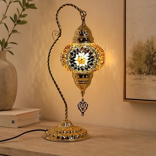 GOGERS Turkish Mosaic Table Lamp, Moroccan Style Swan Neck Bedside Lamp with Handmade Glass Shade, LED Bulb Included, Warm Ambient Decorative Accent Lamp for Bedroom, Living Room, Nightstand (Brown) - Image 7
