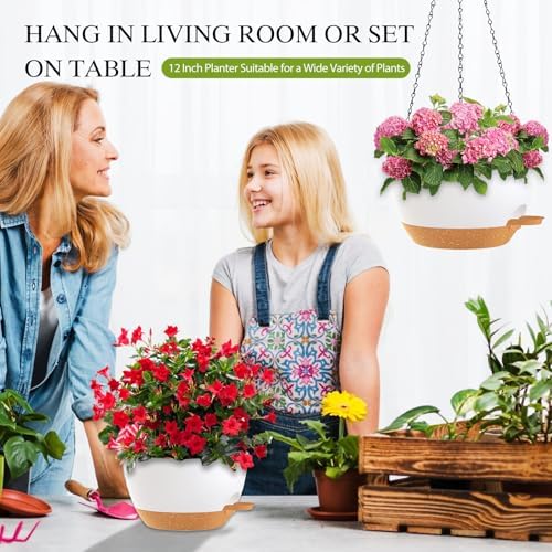 12 Inch Hanging Baskets 2 PC with Chains, Self-Watering Hanging Planters for Indoor Outdoor Plants, Plastic Hanging Flower Pots,White Brown - Image 6