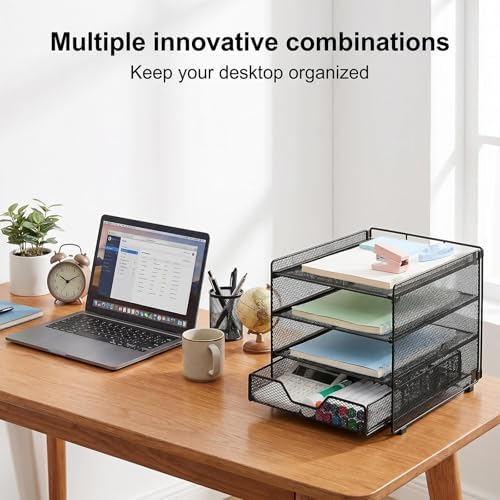 OPNICE Desk Organizer, 4-Tier Desktop File Organizer with Drawer, Office Desk Accessories, File Sorters, Workspace Organizers for Office Supplies(Black Upgraded) - Image 7