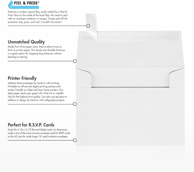 LUXPaper A2 Invitation Envelopes | Peel & Press | 4 3/8" x 5 3/4" | White | 80lb. Text | 500 Qty