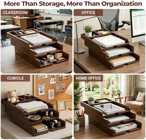 Solid Wood Desk Organizer 3-Tier Stackable Letter Tray Walnut Mail Sorter - Image 7