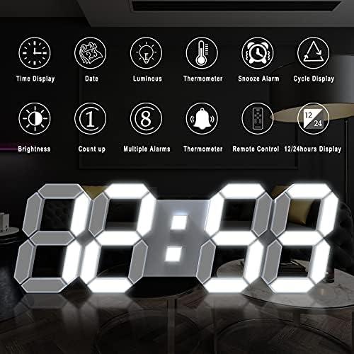 15" 3D LED Digital Wall Clock, Large Decor Wall Clock, White - Image 6