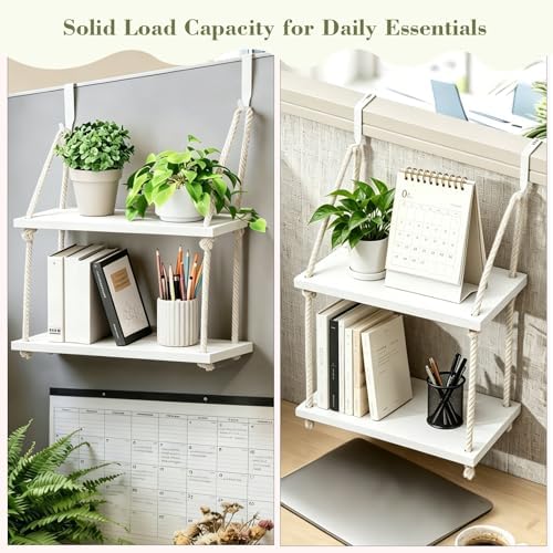 2 Tier Cubicle Shelf with Hooks, Wooden Hanging Organizer for Office - Image 7