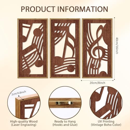 HPNIUB 3PCS Rustic Musical Symbols Wall Decor, Modern Music Theme Wood Sign Artwork, Minimalist Piano Strings Musical Note Wall Hanging Plaque for Living Room Music Studio Apartment(8x16Inch) - Image 7